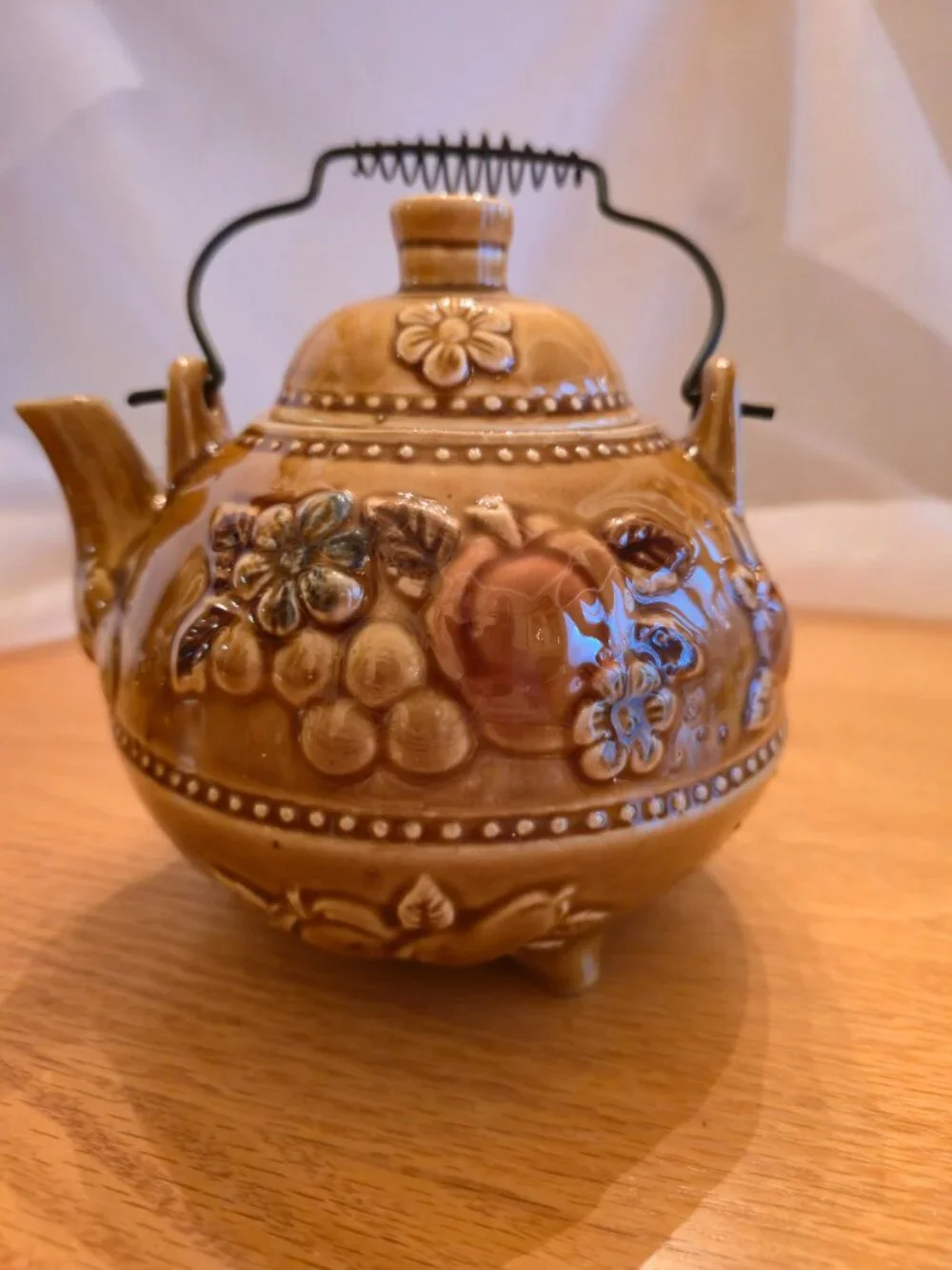 Vintage Footed Teapot with Fall Harvest Fruit Theme, Mustard Color Made in Japan